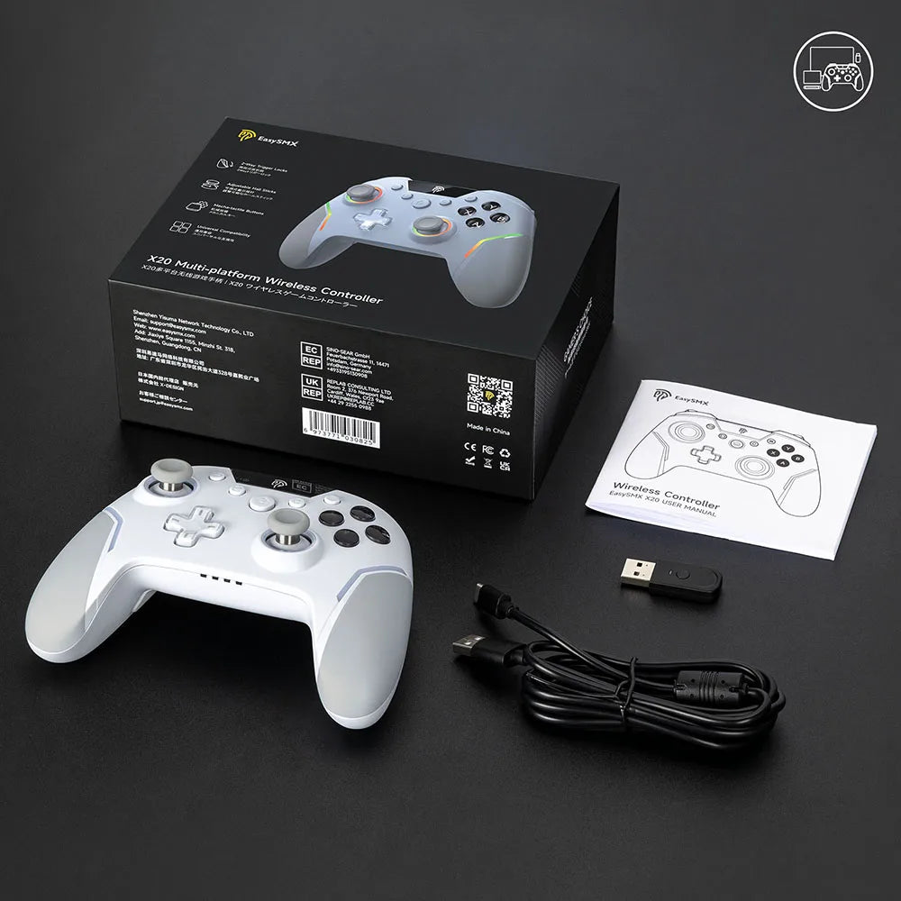Manette sans fil EasySMX X20 – Compatible PC, Switch, TV, téléphone, laptop – Joysticks Hall, gâchettes micro, effets RGB