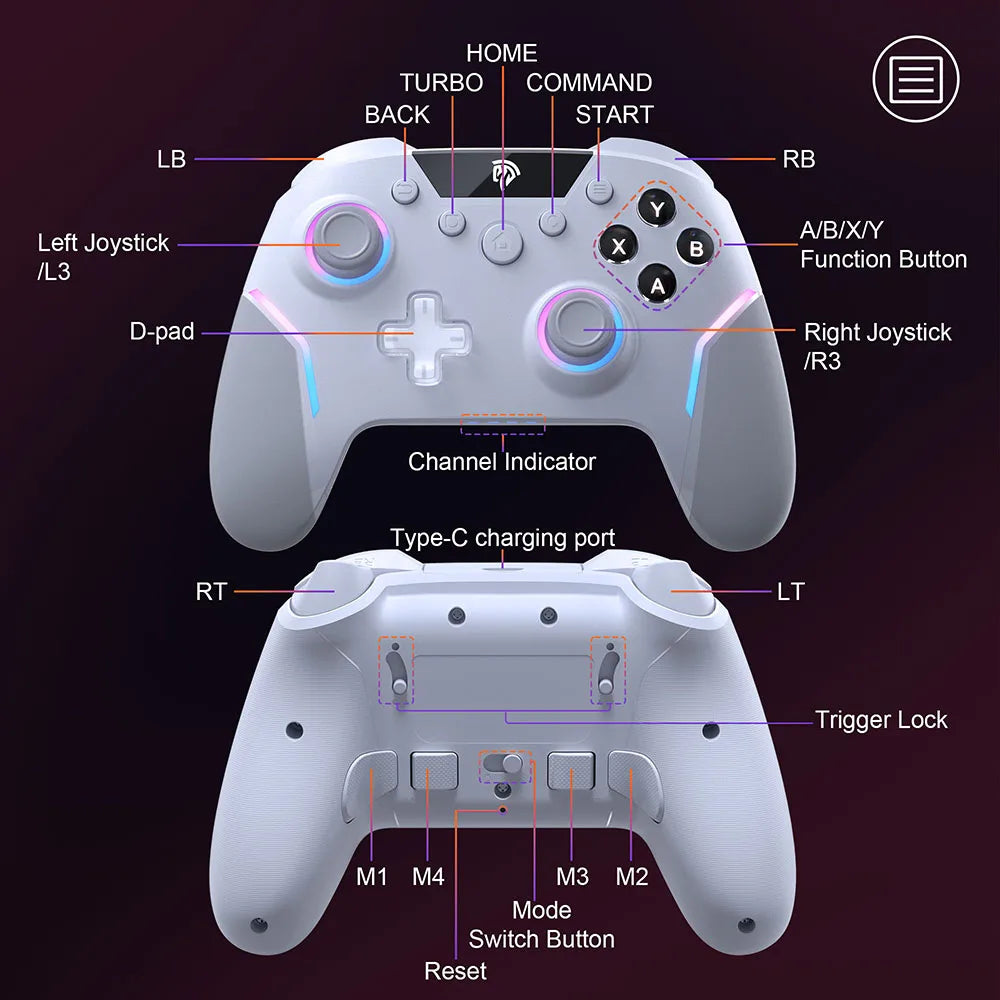 Manette sans fil EasySMX X20 – Compatible PC, Switch, TV, téléphone, laptop – Joysticks Hall, gâchettes micro, effets RGB