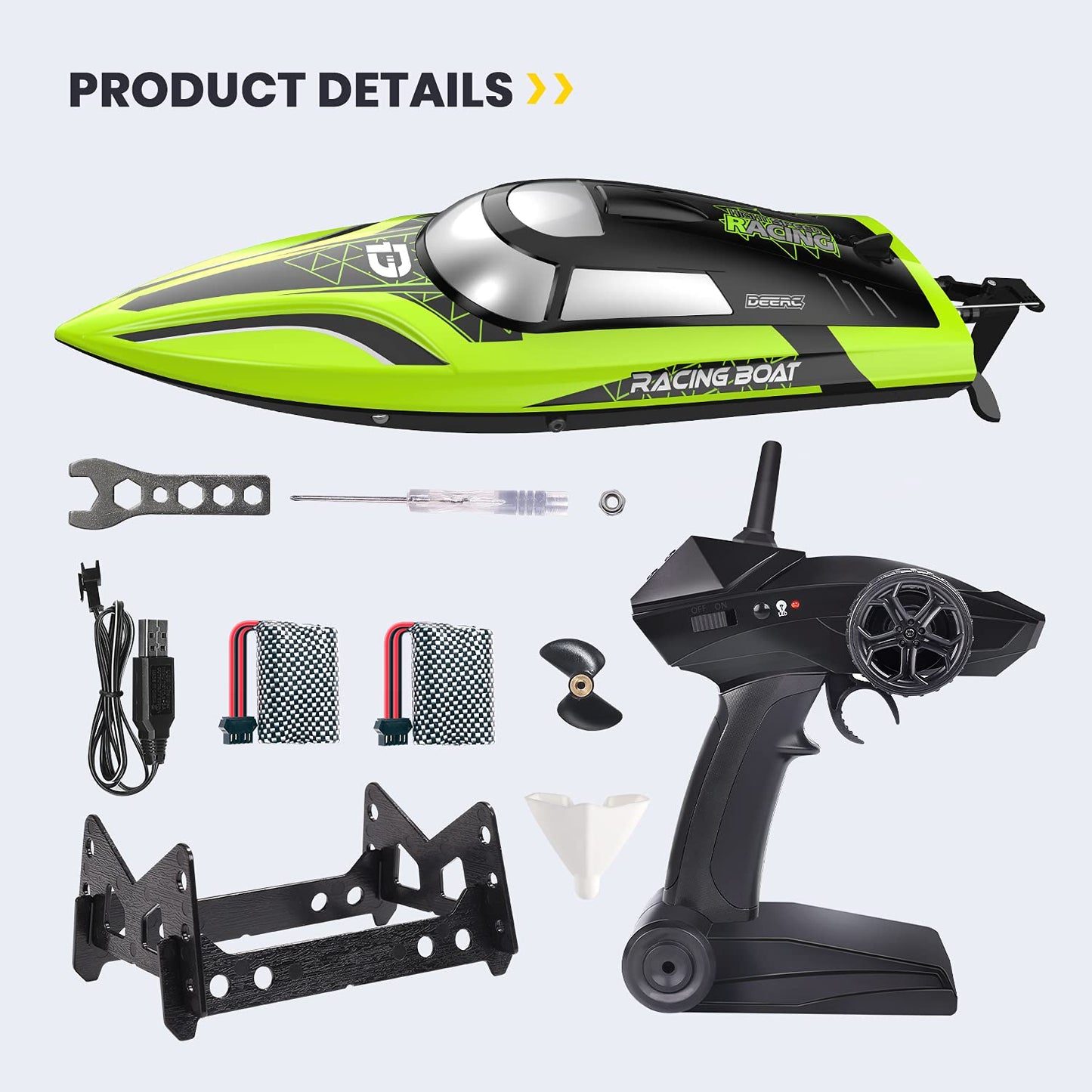 Bateau RC Haute Vitesse DEERC – 20 mph, 2 Batteries, Auto‑Redressement & LED - Coin Numérique